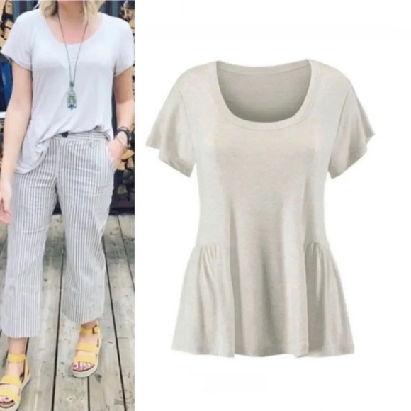 CAbi | Hangout Tee Peplum Top Short Sleeve Heathered Oatmeal - Picture 1 of 10